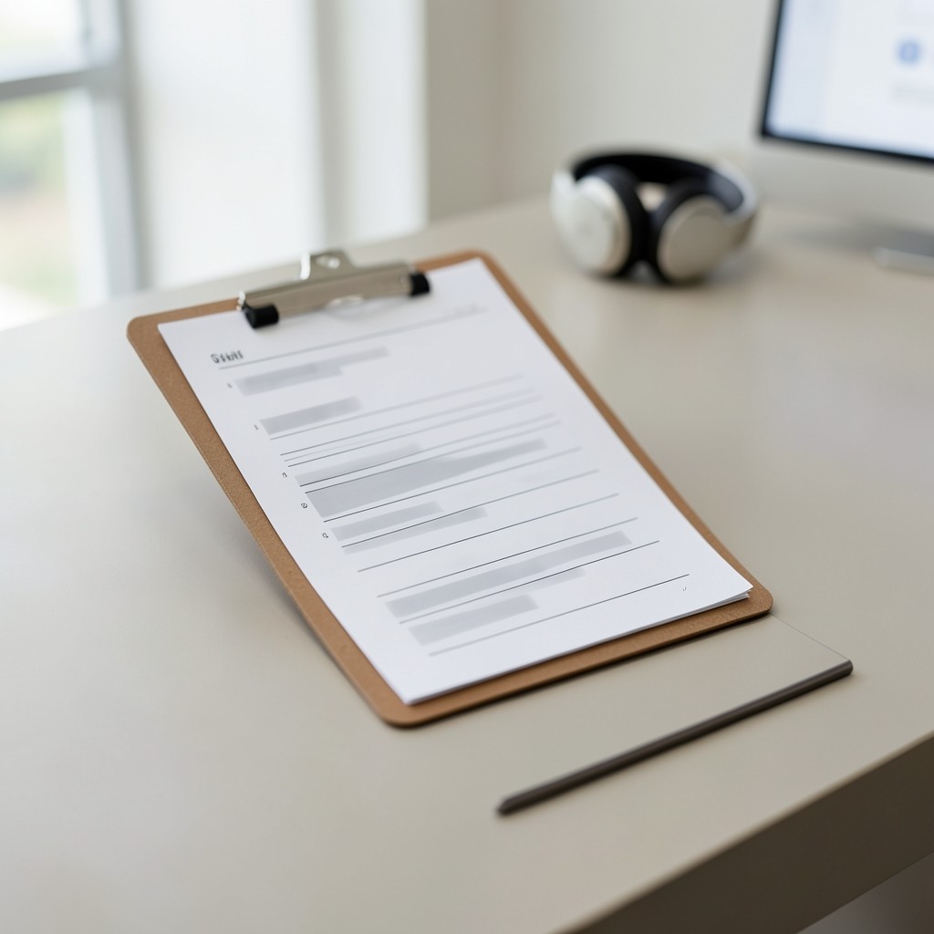Clipboard with a one-page handover form on a support desk counter