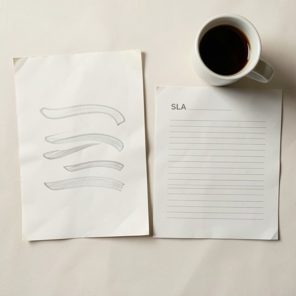 Side-by-side channel volume bars sketched on paper next to an SLA notes page