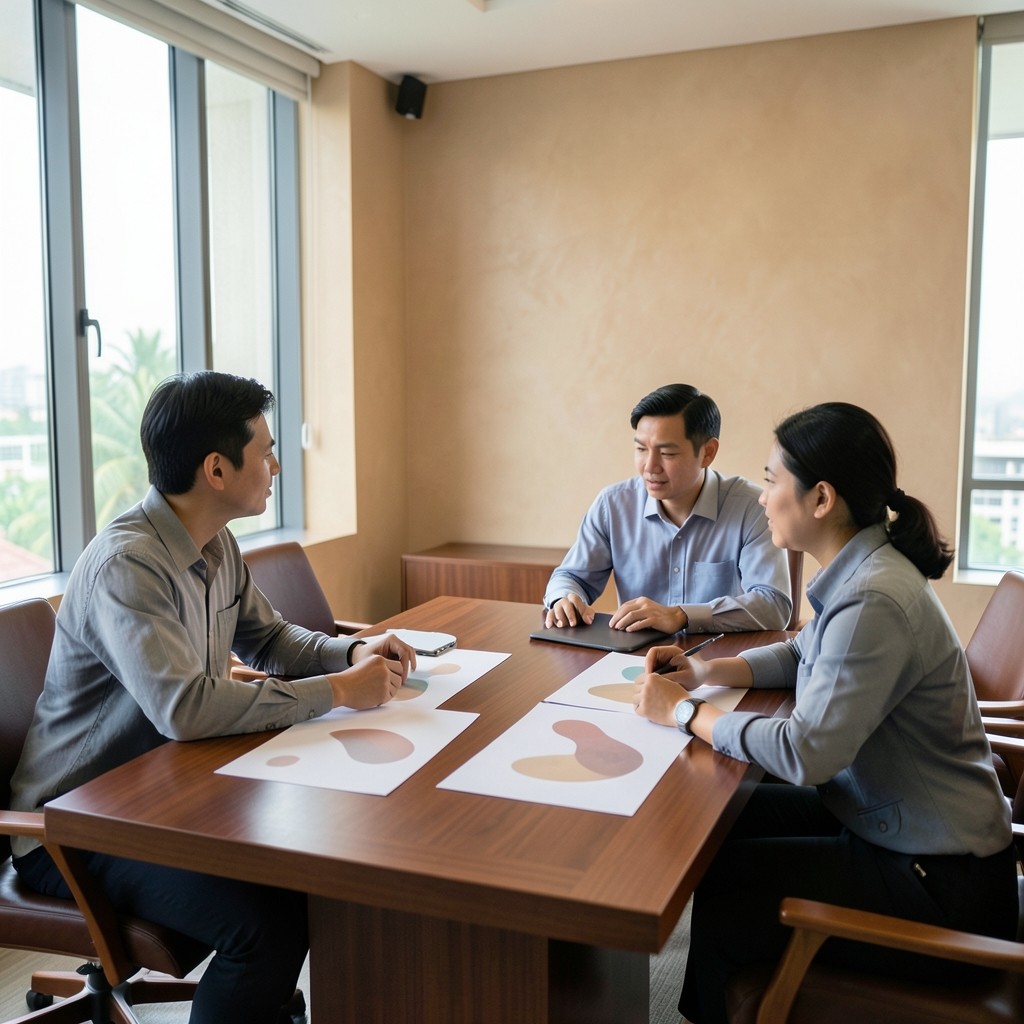 Facilitator and support leads reviewing draft trend layouts on paper in a Bangkok meeting room