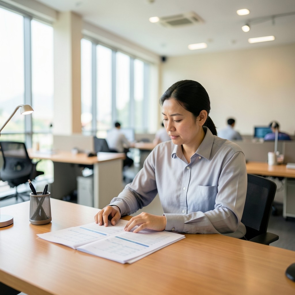 Support operations lead reviewing trend sheets in a calm Bangkok office near a window