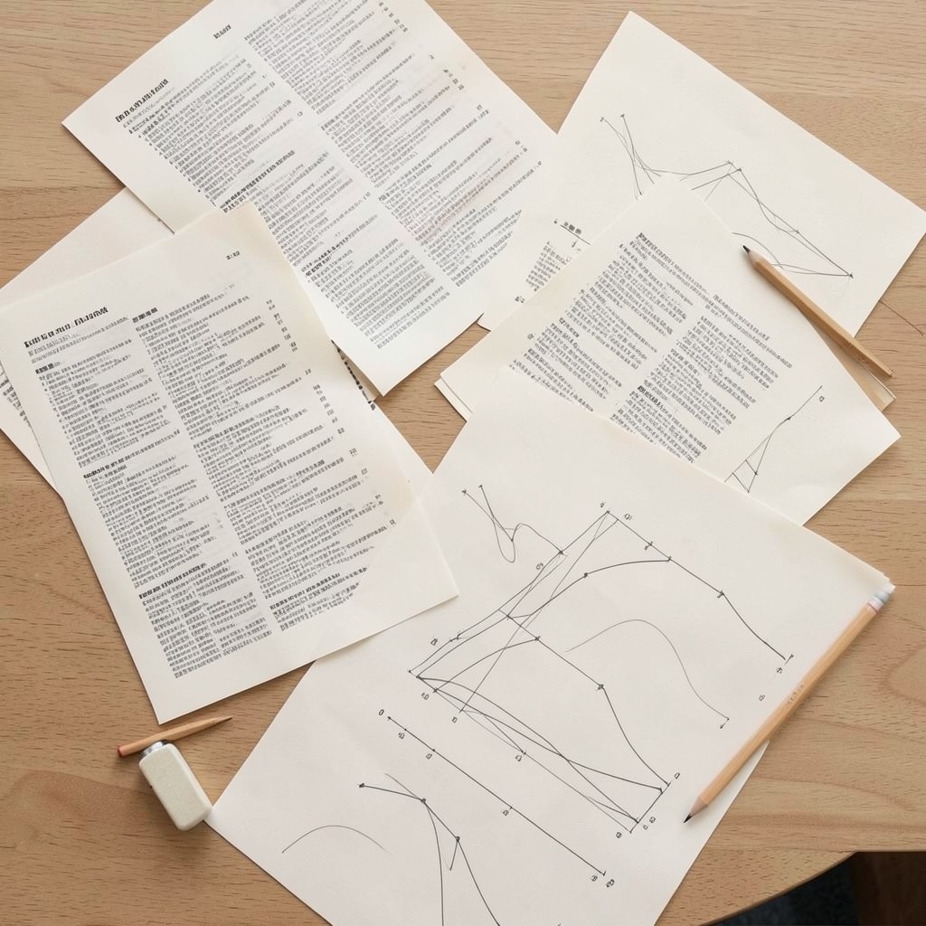 Printed metric dictionary and trend layout drafts on a wooden meeting table