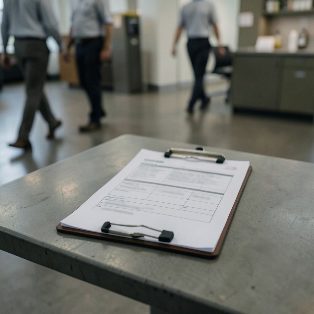 Printed one-page handover brief resting on a support floor desk at shift change