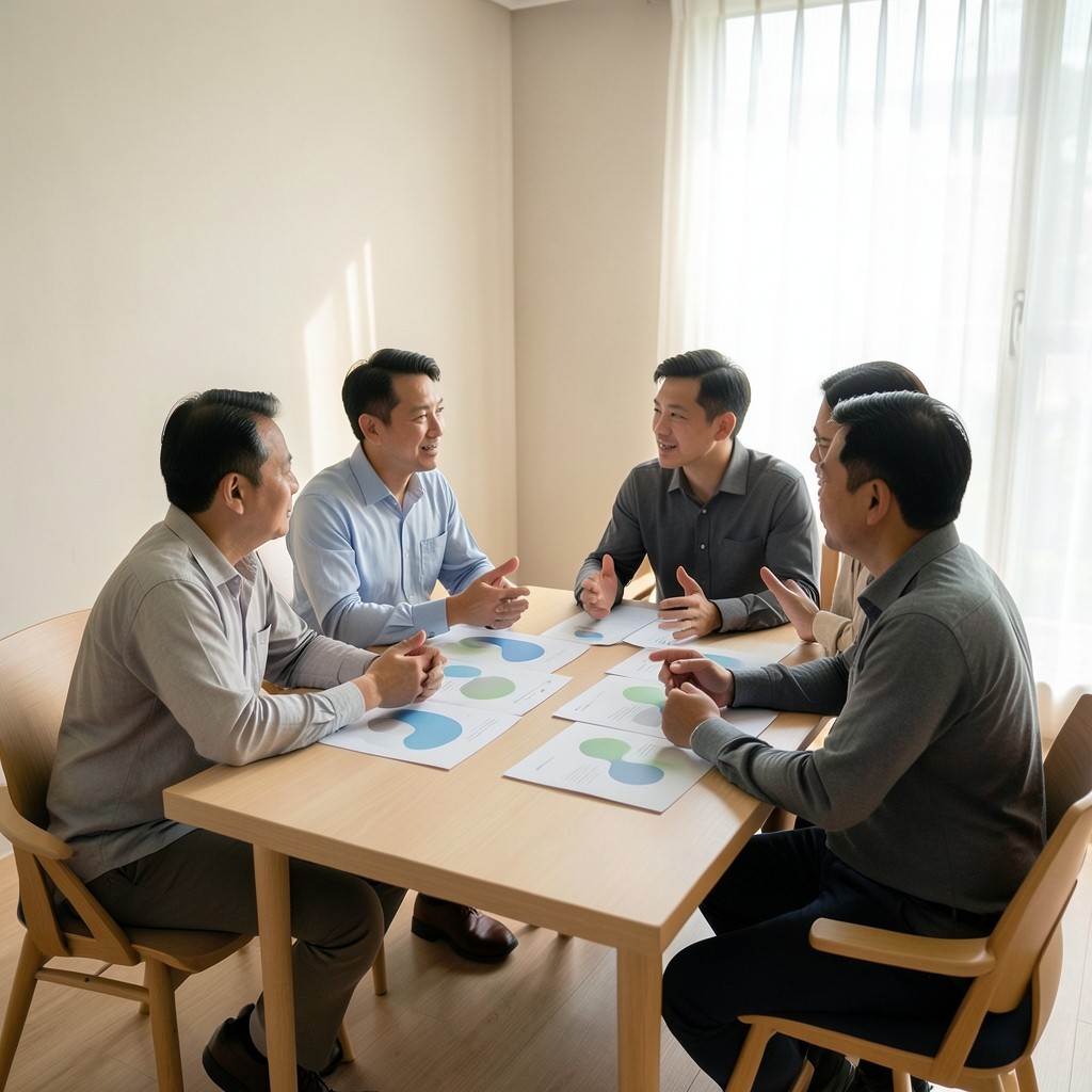 Small group of support leads around a table studying large printed trend sheets