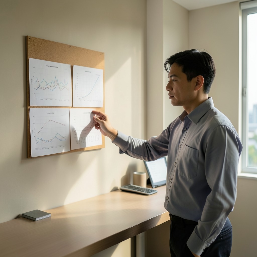 Support desk lead reviewing printed trend charts beside a quiet workbench