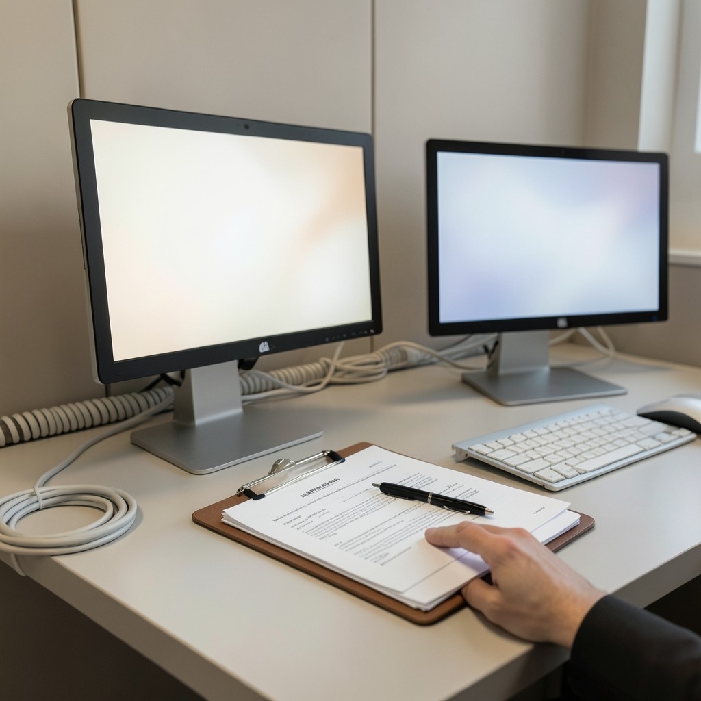 Email support bay with dual monitors and a filled handover clipboard