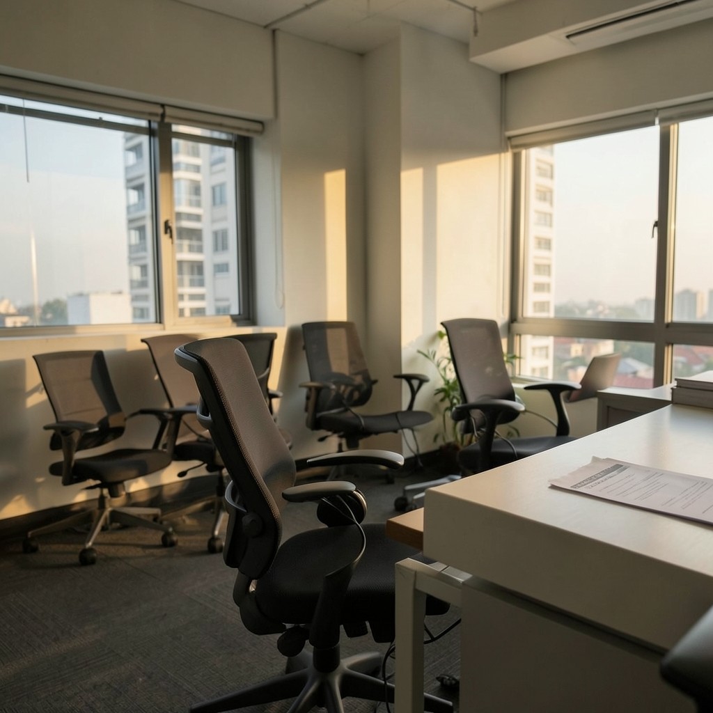 Quiet corner of a Bangkok support floor with headsets and a printed weekly trend sheet